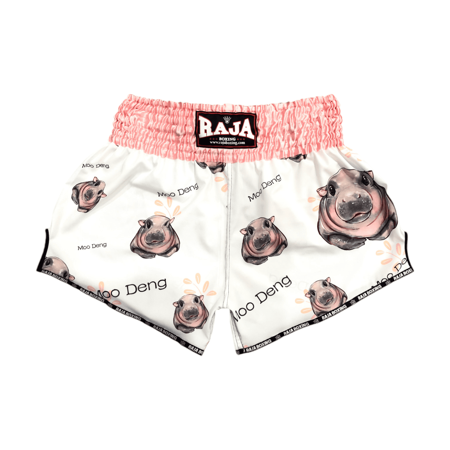 Raja Boxing Muay Thai shorts Moo Deng pink SP63-151 with hippo-themed design, handcrafted in Thailand