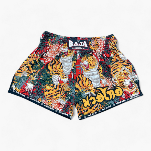 Raja Boxing Muay Thai Warrior shorts SP67-010 with Muay Thai silhouette design, handcrafted in Thailand