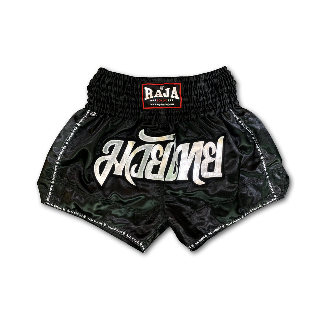 raja boxing classic black muay thai shorts handmade in thailand with premium satin