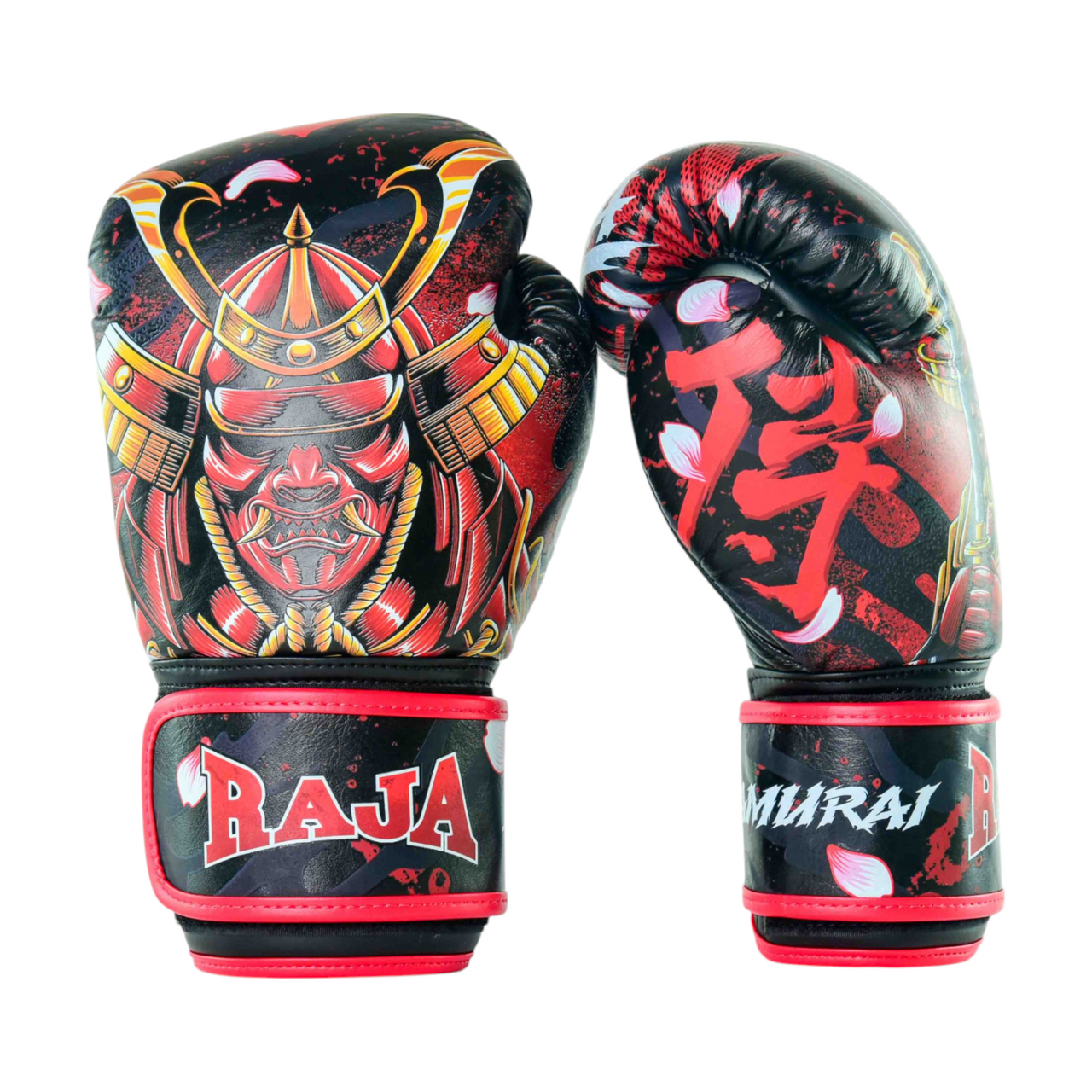RAJA Fancy Samurai Boxing Gloves RFBGV-88 with bold samurai artwork, premium leather construction, and ideal for Muay Thai or boxing training sessions.