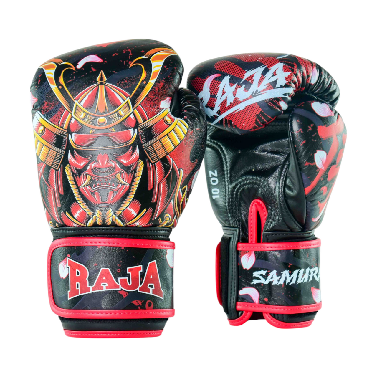 RAJA Fancy Samurai Boxing Gloves RFBGV-88 with bold samurai artwork, premium leather construction, and ideal for Muay Thai or boxing training sessions.