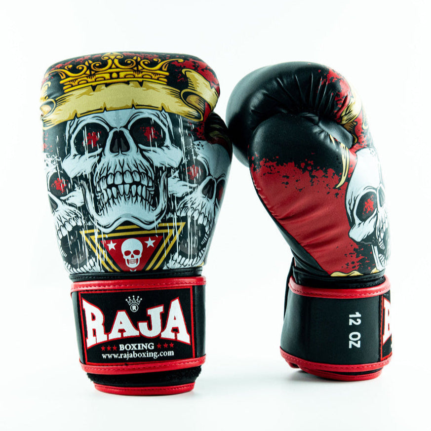 RAJA Fancy Skull King Boxing Gloves RFBGV-88 featuring a bold skull design, crafted from premium leather, ideal for Muay Thai and boxing training.