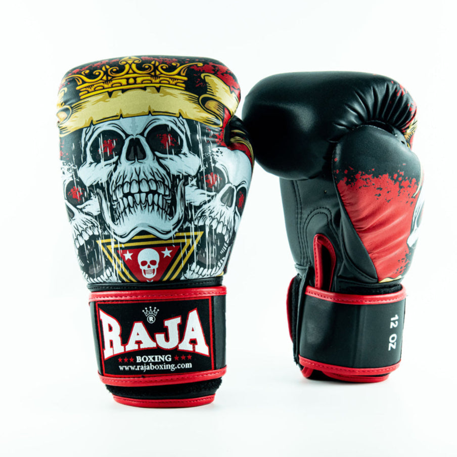 RAJA Fancy Skull King Boxing Gloves RFBGV-88 featuring a bold skull design, crafted from premium leather, ideal for Muay Thai and boxing training.