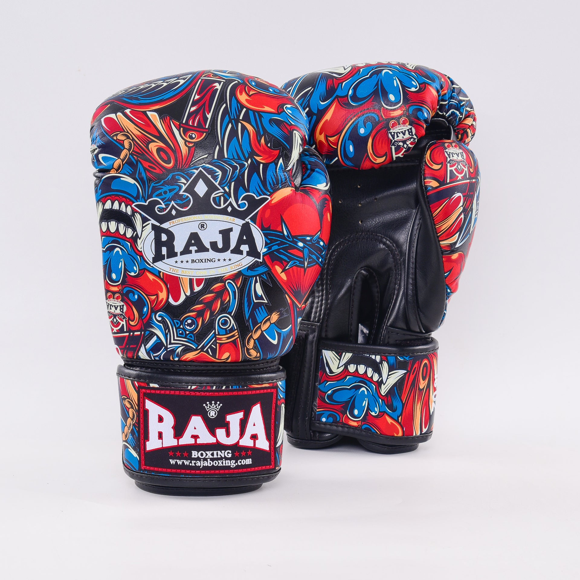 RAJA Giant Fancy Boxing Gloves RFBGV-54 in bold design with premium leather construction, ideal for Muay Thai and boxing training sessions.