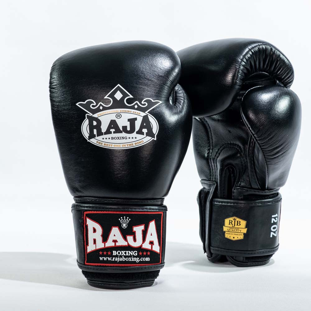 RAJA RBGV-1 standard black Muay Thai gloves made in Thailand with genuine leather and secure wrist support