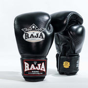 RAJA RBGV-1 standard black Muay Thai gloves made in Thailand with genuine leather and secure wrist support