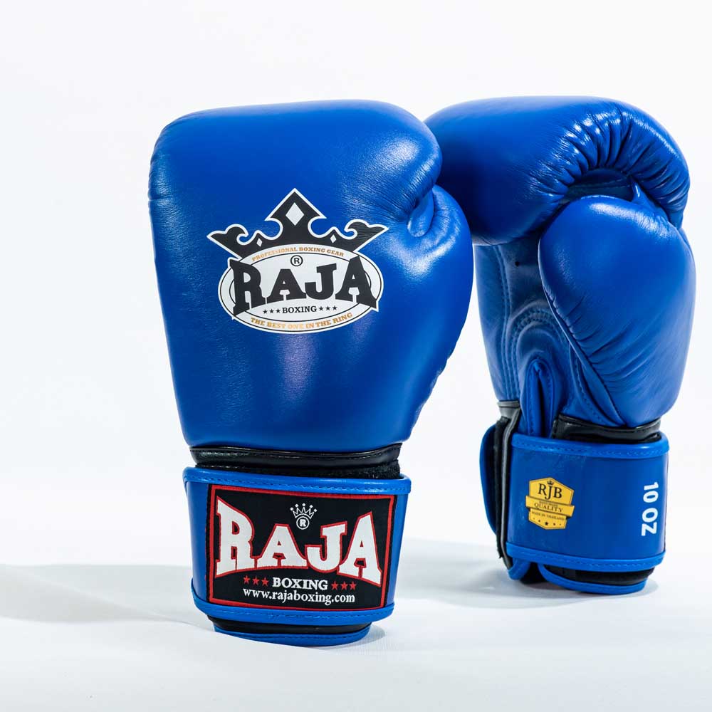 RAJA RBGV-1 standard black Muay Thai gloves made in Thailand with genuine leather and secure wrist support