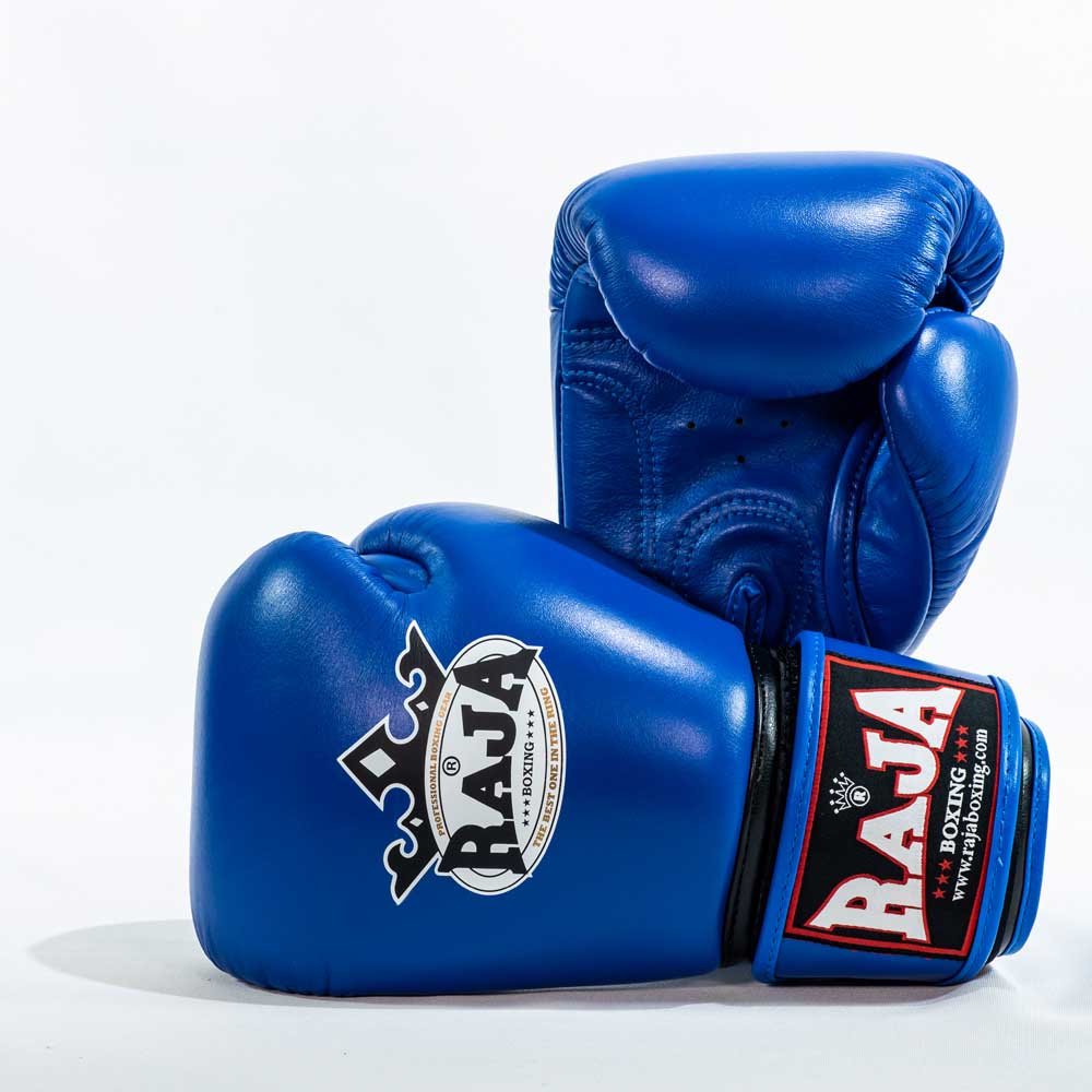 RAJA RBGV-1 standard black Muay Thai gloves made in Thailand with genuine leather and secure wrist support