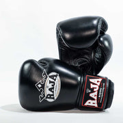 RAJA RBGV-1 standard black Muay Thai gloves made in Thailand with genuine leather and secure wrist support