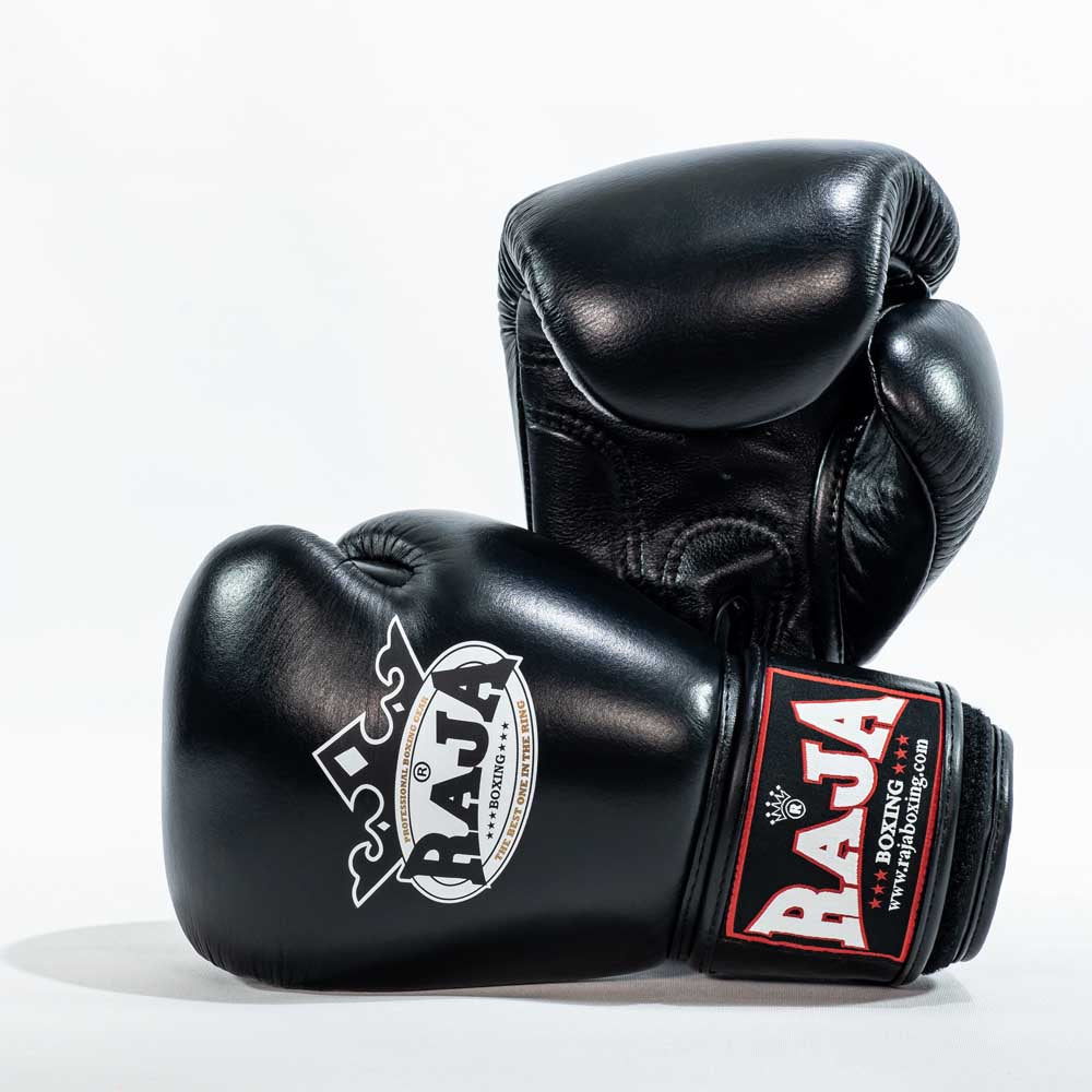 RAJA RBGV-1 standard black Muay Thai gloves made in Thailand with genuine leather and secure wrist support
