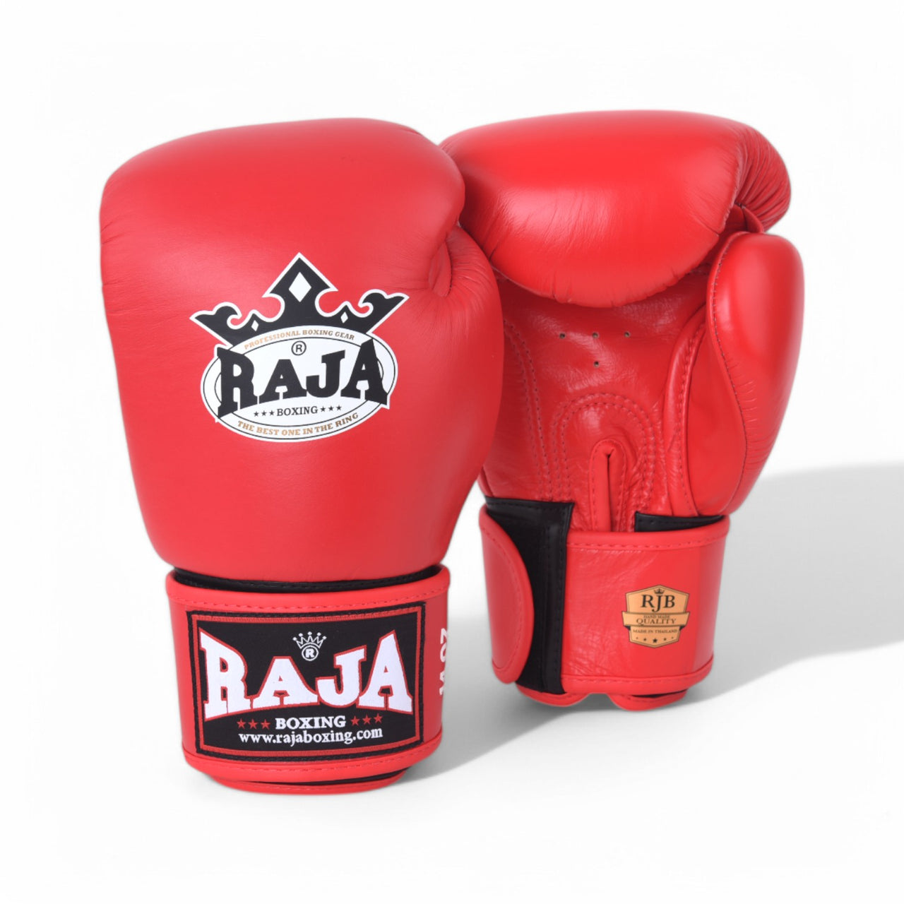 RAJA RBGV-1 standard black Muay Thai gloves made in Thailand with genuine leather and secure wrist support