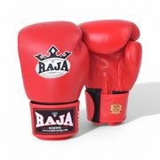 RAJA RBGV-1 standard black Muay Thai gloves made in Thailand with genuine leather and secure wrist support