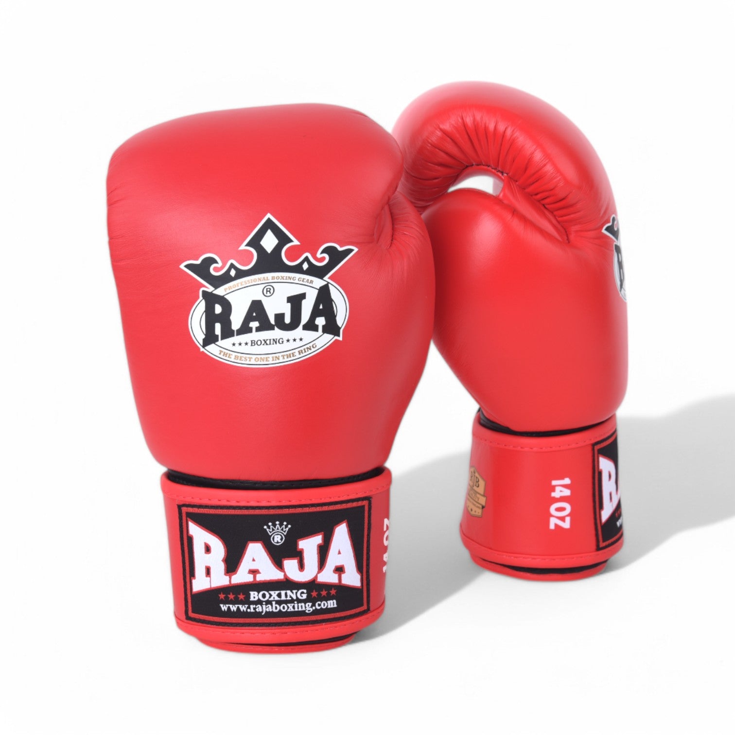 RAJA RBGV-1 standard black Muay Thai gloves made in Thailand with genuine leather and secure wrist support