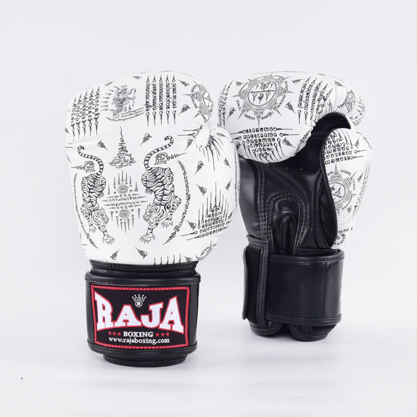 RAJA Sak Yant Fancy Leather Boxing Gloves RFBGB-1 featuring traditional Thai tattoo design, handcrafted leather, and ideal for Muay Thai and boxing training.