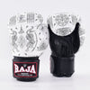 RAJA Sak Yant Fancy Leather Boxing Gloves RFBGB-1 featuring traditional Thai tattoo design, handcrafted leather, and ideal for Muay Thai and boxing training.