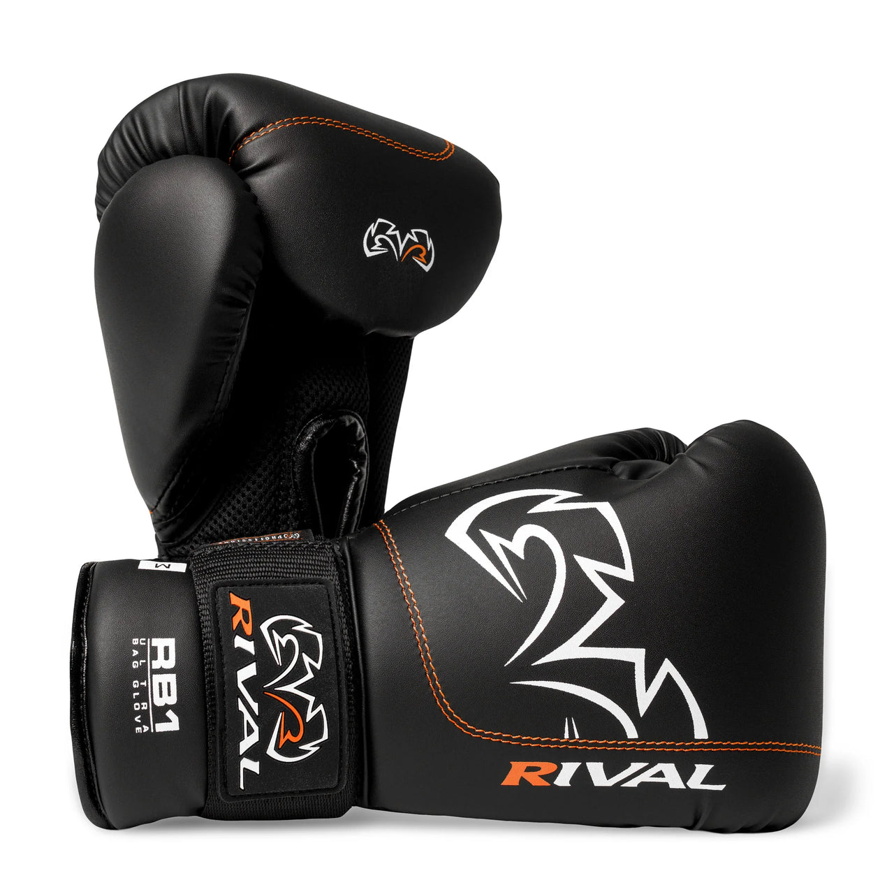 Black boxing gloves with white logo and 'Rival' branding on a white background