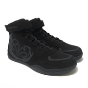 Black high-top sneakers with a visible brand logo on a white background