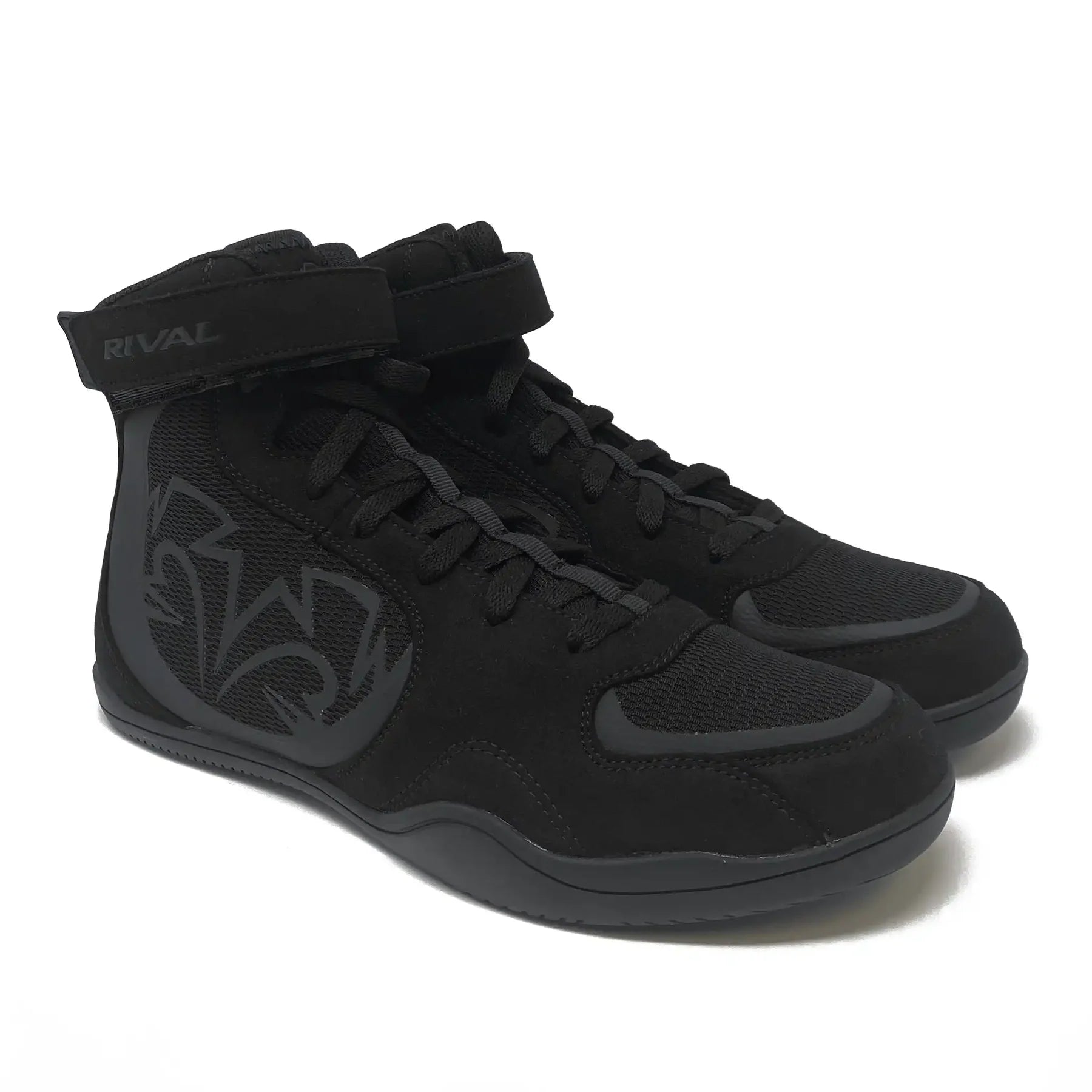 Black high-top sneakers with a visible brand logo on a white background