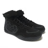 Black high-top sneakers with a visible brand logo on a white background