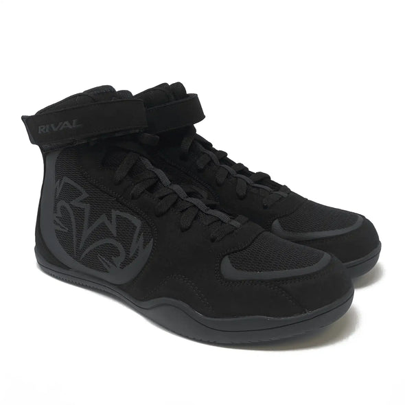 Black high-top sneakers with a visible brand logo on a white background