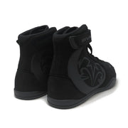 Black high-top sneakers with a logo on a white background