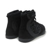 Black high-top sneakers with a logo on a white background