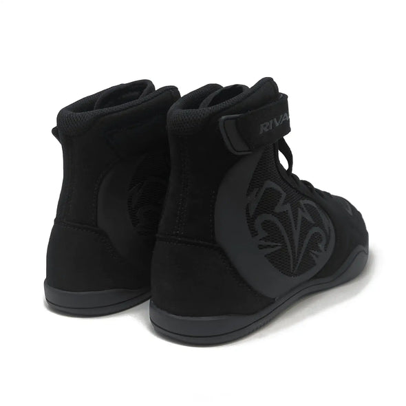 Black high-top sneakers with a logo on a white background