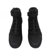 Pair of black high-top sneakers on a white background