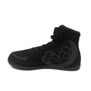 Black high-top sneaker with a logo on a white background