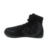 Black high-top sneaker with a logo on a white background