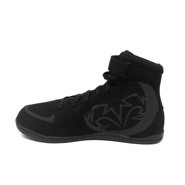 Black high-top sneaker with a logo on a white background