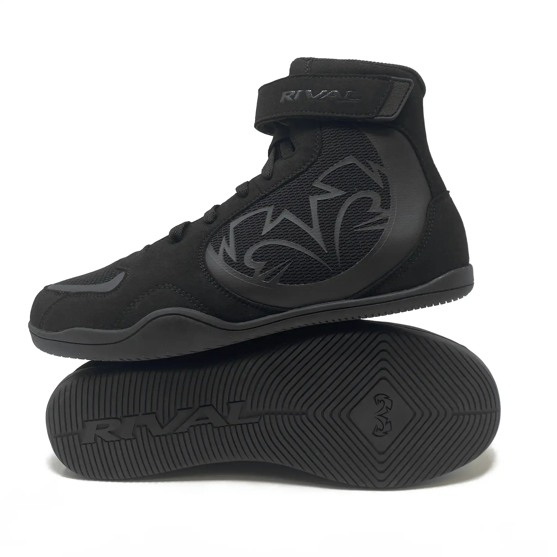 Black high-top boxing shoes with 'Rival' branding on a white background