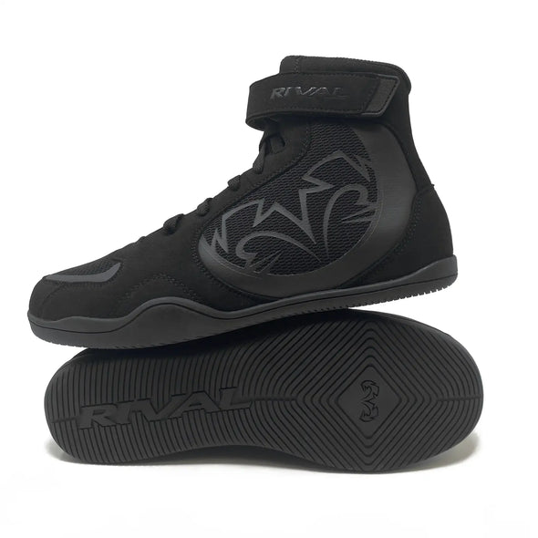 Black high-top boxing shoes with 'Rival' branding on a white background