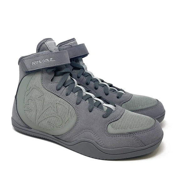 Gray high-top sneakers with 'Rival' branding on a white background