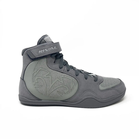 Gray high-top sneaker with 'Rival' branding on a white background