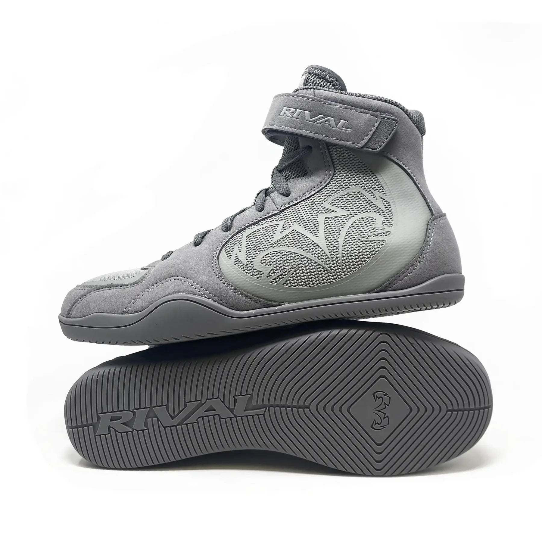 Gray high-top wrestling shoes with 'Rival' branding on a white background