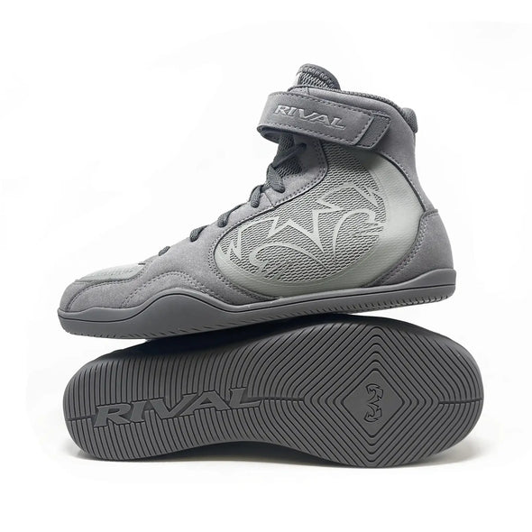 Gray high-top wrestling shoes with 'Rival' branding on a white background
