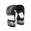 Pair of black and white boxing gloves with 'Rival Mixed Martial Arts' branding on a white background.