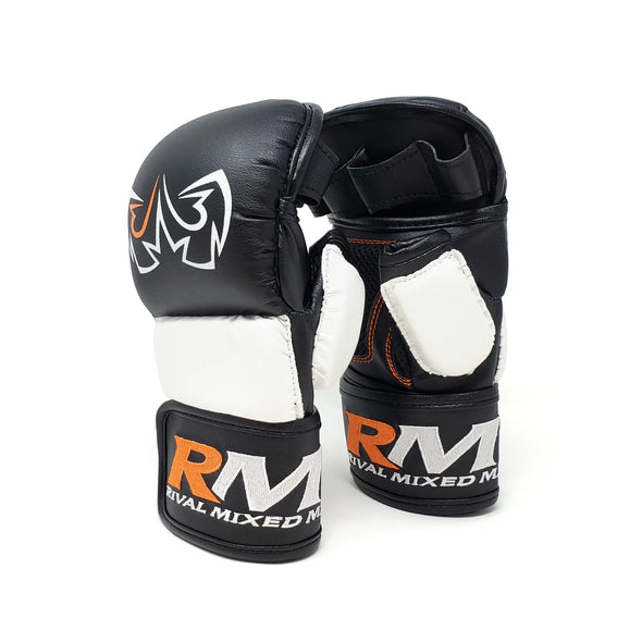 Pair of black and white boxing gloves with 'Rival Mixed Martial Arts' branding on a white background.