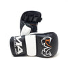 Pair of black and white martial arts gloves with a logo on a white background