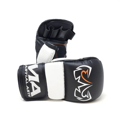 Pair of black and white martial arts gloves with a logo on a white background