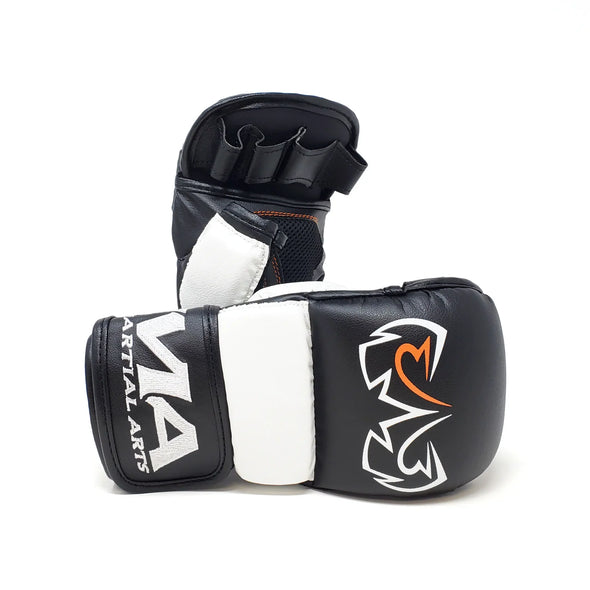 Pair of black and white martial arts gloves with a logo on a white background