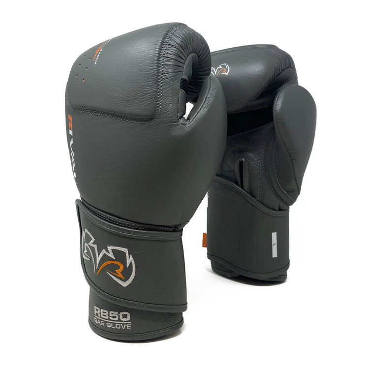 Rival RB50 Intelli-Shock Compact Boxing Bag Gloves in White – Leather training gloves with D3O® shock absorption and ergonomic wrist support.