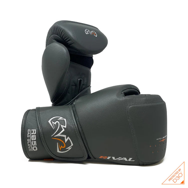 Rival RB50 Intelli-Shock Compact Boxing Bag Gloves in White – Leather training gloves with D3O® shock absorption and ergonomic wrist support.