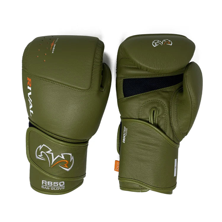 Rival RB50 Intelli-Shock Compact Boxing Bag Gloves in White – Leather training gloves with D3O® shock absorption and ergonomic wrist support.