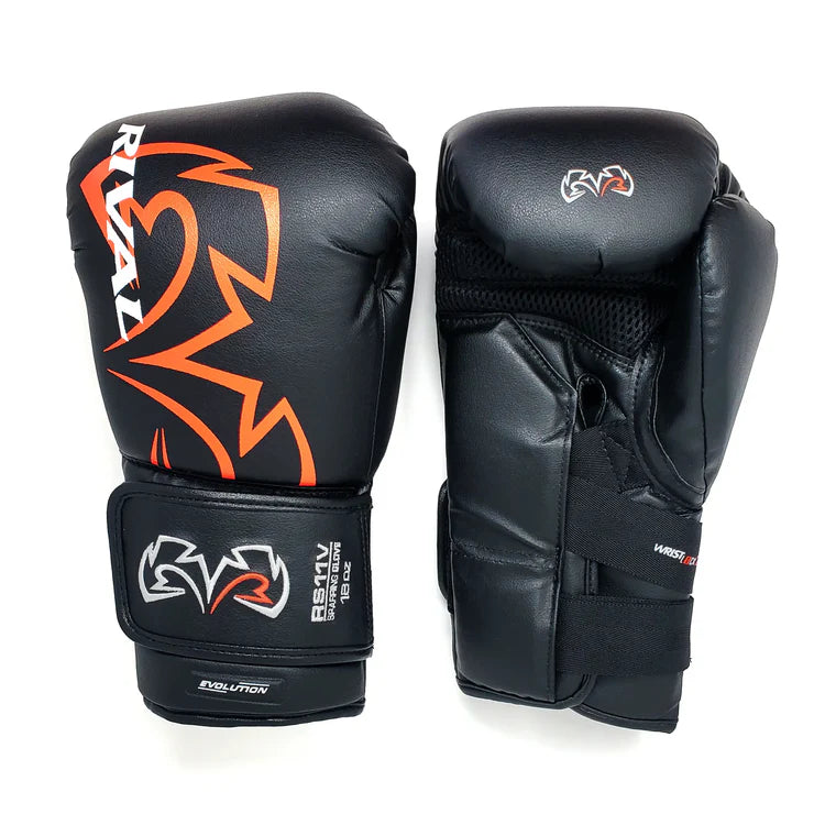 rival rs11v evolution sparring gloves – high-performance boxing gloves featuring extra-thick layered foam padding, v-strap wrist lock system, and 15-degree angle cuff for enhanced protection and support during intense sparring sessions