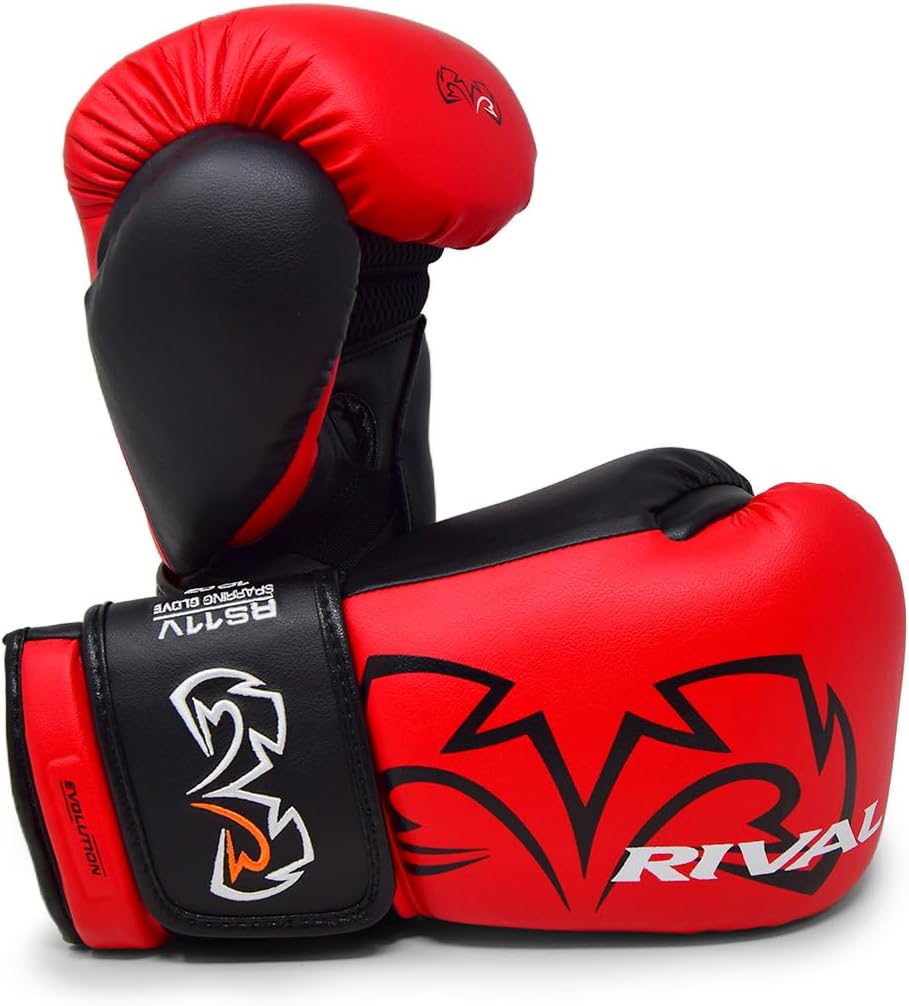 rival rs11v evolution sparring gloves – high-performance boxing gloves featuring extra-thick layered foam padding, v-strap wrist lock system, and 15-degree angle cuff for enhanced protection and support during intense sparring sessions