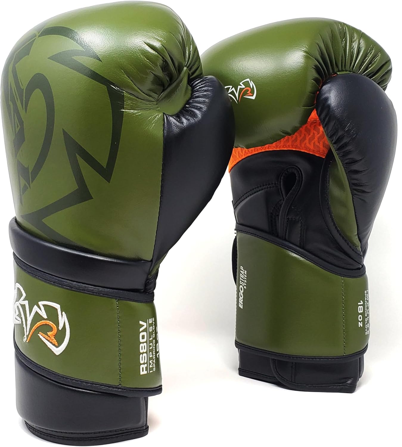 Rival RS80V Impulse Sparring Gloves featuring super-resistant microfiber construction, low-density molded foam padding, and angled Ergo Strap System for enhanced boxing training.