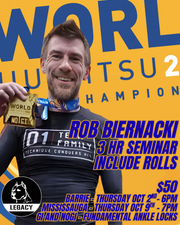 Promotional poster for a seminar featuring Rob Biernacki, World Jiu-Jitsu Champion, with event details on a yellow background.