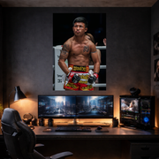 Gaming setup with a large monitor displaying a game, a smaller monitor, and a chair in a dimly lit room.